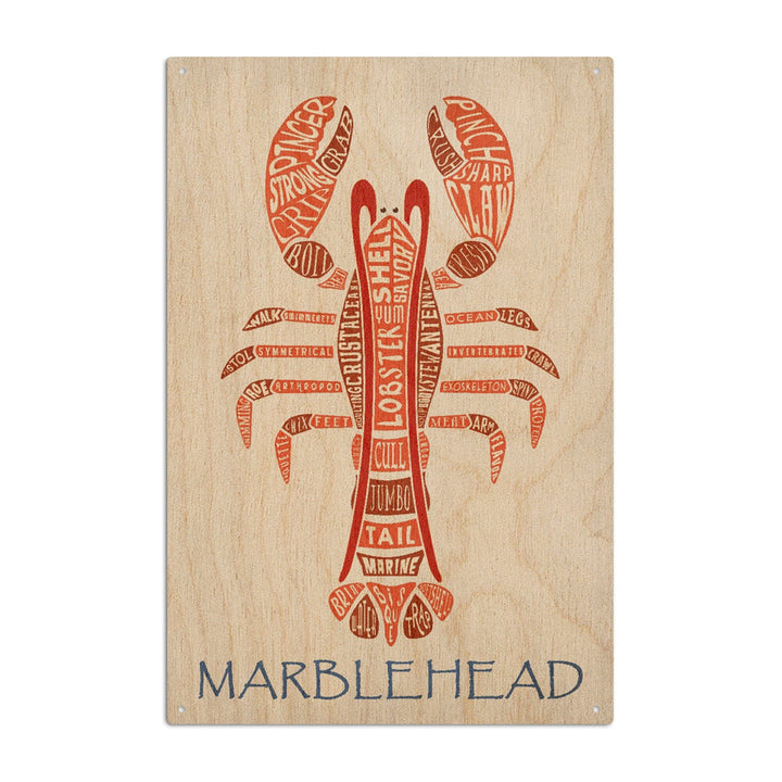 Marblehead, Massachusetts, Red Lobster, Typography, Lantern Press Artwork, Wood Signs and Postcards Wood Lantern Press 6x9 Wood Sign 