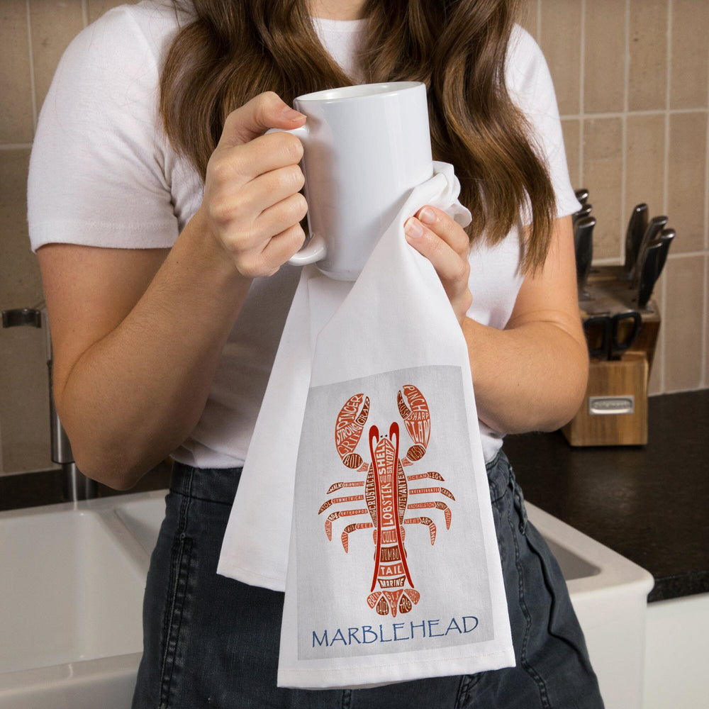 Marblehead, Massachusetts, Red Lobster, Typography, Organic Cotton Kitchen Tea Towels Kitchen Lantern Press 