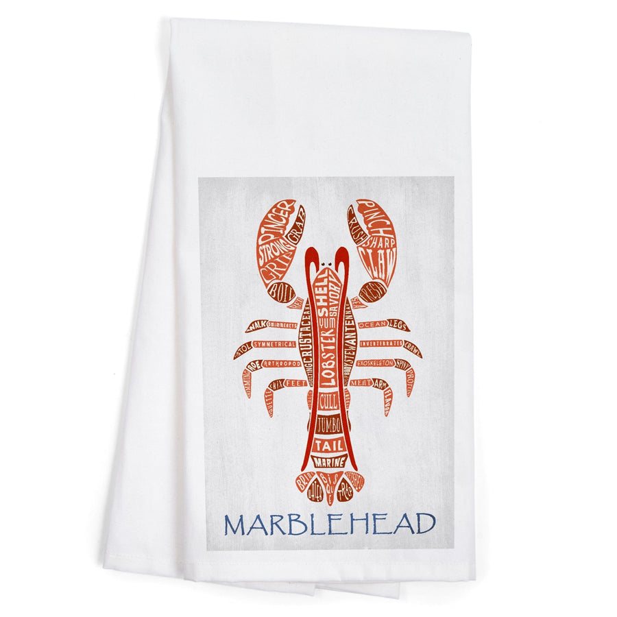 Marblehead, Massachusetts, Red Lobster, Typography, Organic Cotton Kitchen Tea Towels Kitchen Lantern Press 
