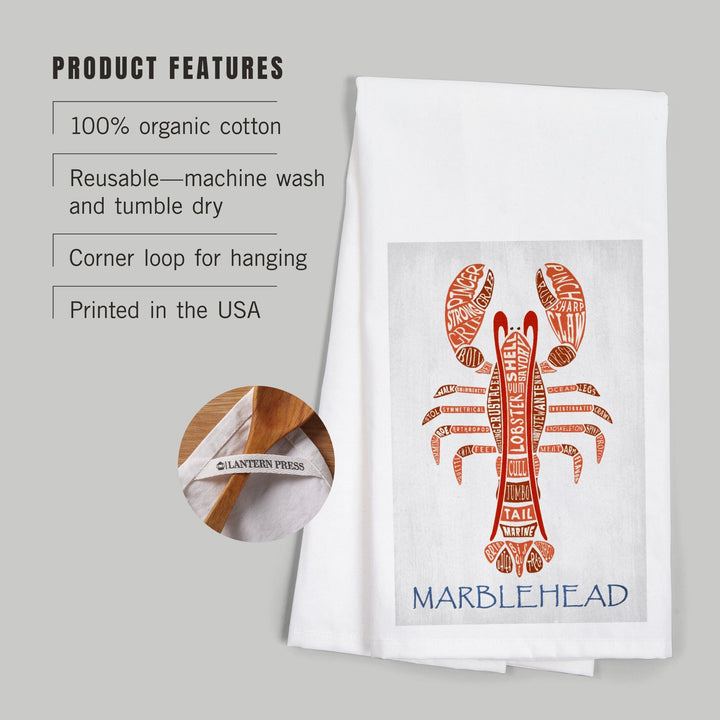 Marblehead, Massachusetts, Red Lobster, Typography, Organic Cotton Kitchen Tea Towels Kitchen Lantern Press 