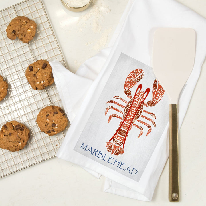 Marblehead, Massachusetts, Red Lobster, Typography, Organic Cotton Kitchen Tea Towels Kitchen Lantern Press 