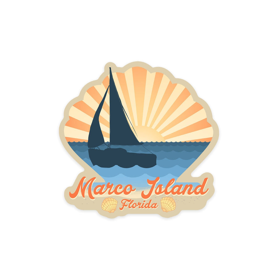 Marco Island, Florida, Beach Scene with Rays and Sailboat, Contour, Vinyl Sticker - Lantern Press