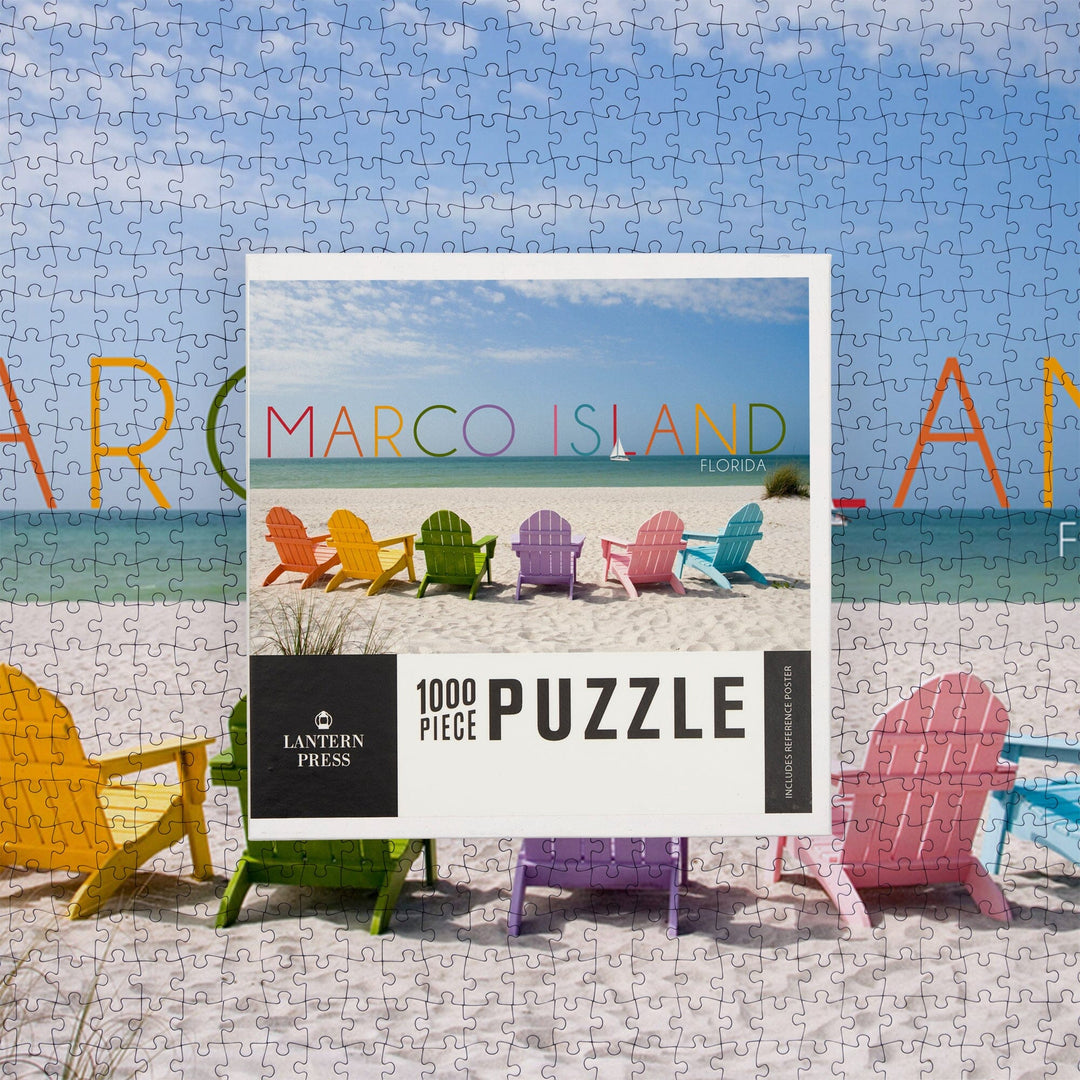 Marco Island, Florida, Colorful Beach Chairs, Jigsaw Puzzle Puzzle Lantern Press 