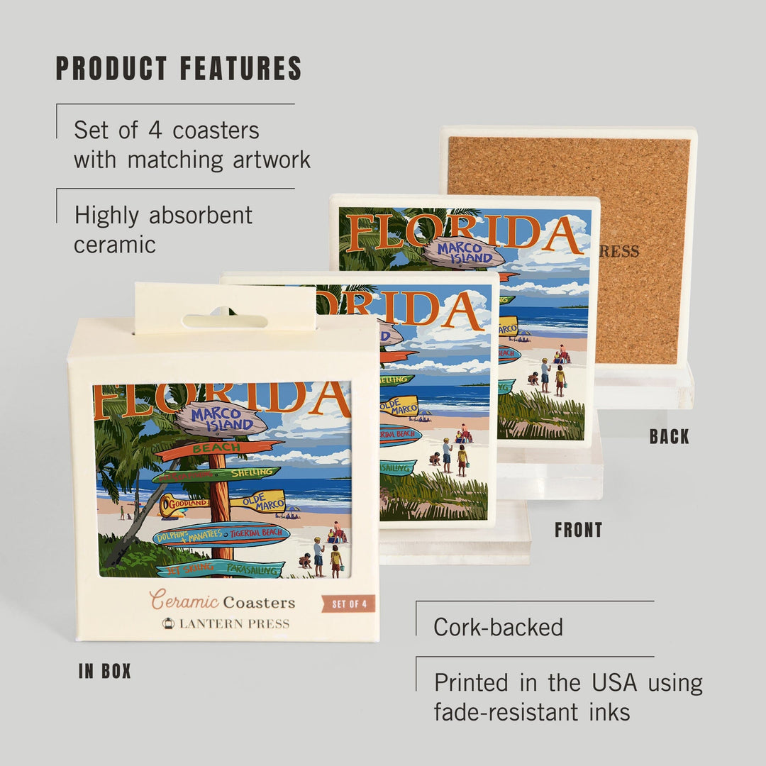Marco Island, Florida, Destinations Sign, Coasters Coasters Lantern Press 
