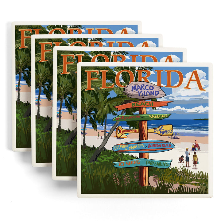 Marco Island, Florida, Destinations Sign, Lantern Press Artwork, Coaster Set - Lantern Press