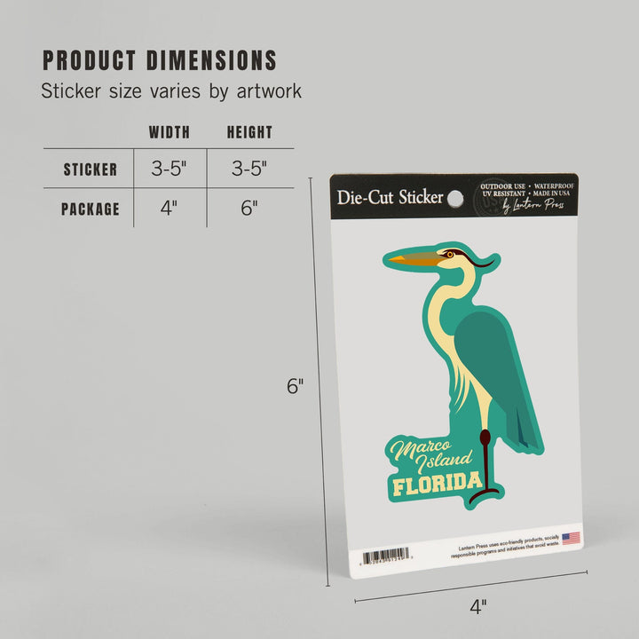 Marco Island, Florida, Heron, Geometric, Contour, Lantern Press Artwork, Vinyl Sticker - Lantern Press