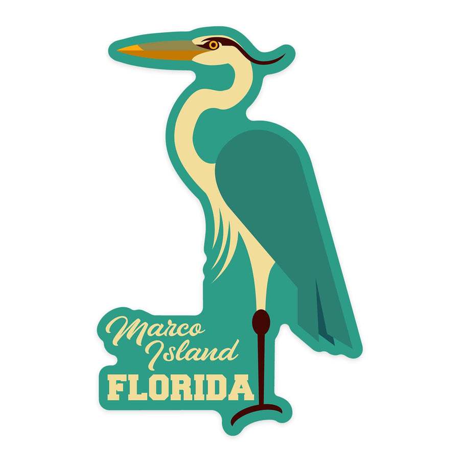 Marco Island, Florida, Heron, Geometric, Contour, Lantern Press Artwork, Vinyl Sticker - Lantern Press