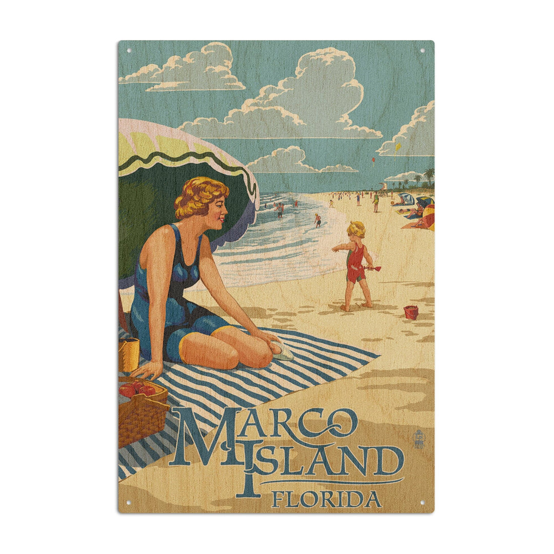 Marco Island, Florida, Woman on Beach, Lantern Press Artwork, Wood Signs and Postcards Wood Lantern Press 10 x 15 Wood Sign 