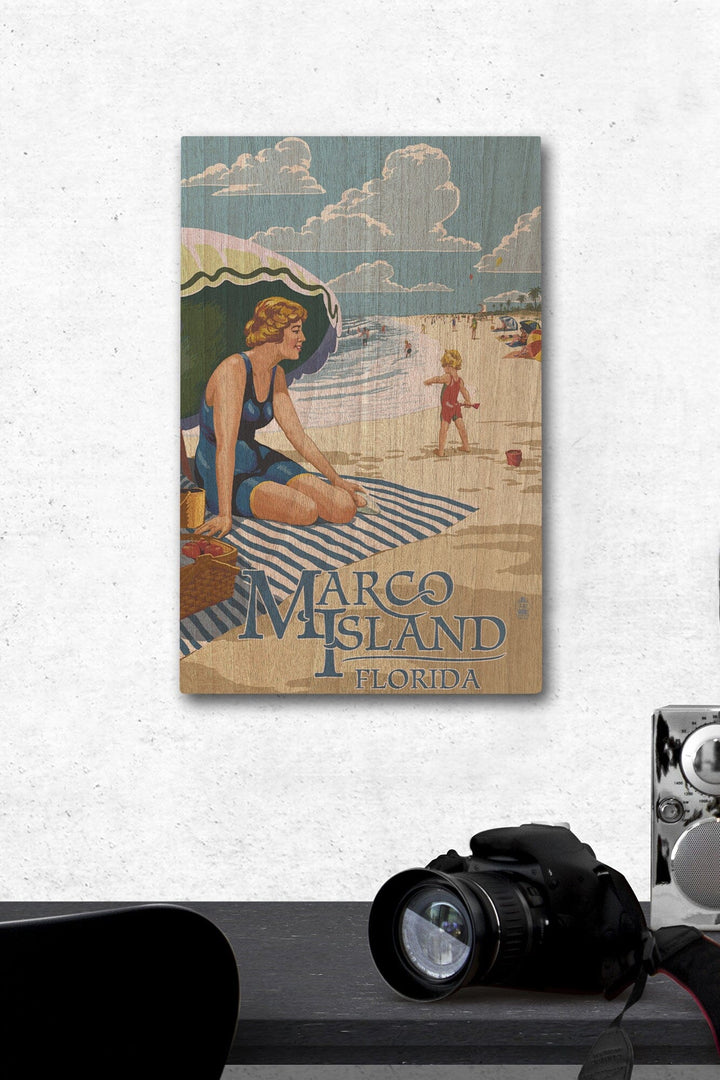 Marco Island, Florida, Woman on Beach, Lantern Press Artwork, Wood Signs and Postcards Wood Lantern Press 12 x 18 Wood Gallery Print 