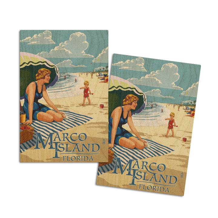 Marco Island, Florida, Woman on Beach, Lantern Press Artwork, Wood Signs and Postcards Wood Lantern Press 4x6 Wood Postcard Set 