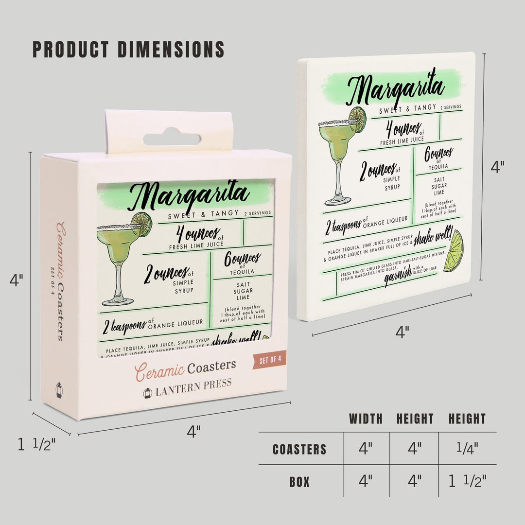 Margarita, Cocktail Recipe, Lantern Press Artwork, Coaster Set - Lantern Press