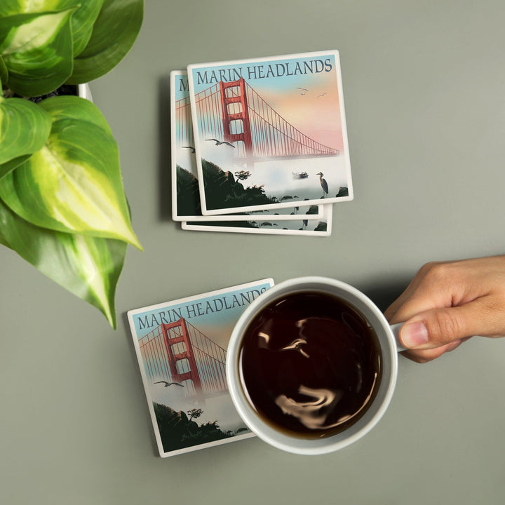 Marin Headlands, California, Golden Gate Bridge in Fog, Lantern Press Artwork, Coaster Set - Lantern Press