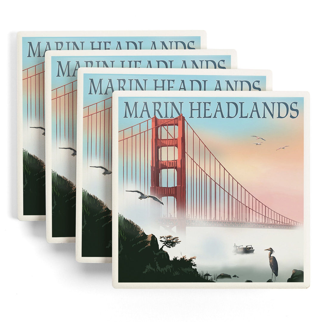 Marin Headlands, California, Golden Gate Bridge in Fog, Lantern Press Artwork, Coaster Set - Lantern Press