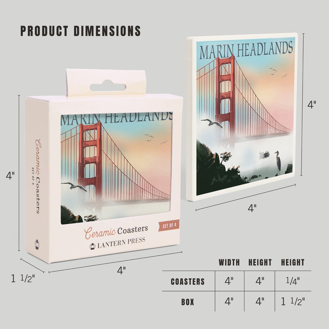 Marin Headlands, California, Golden Gate Bridge in Fog, Lantern Press Artwork, Coaster Set - Lantern Press