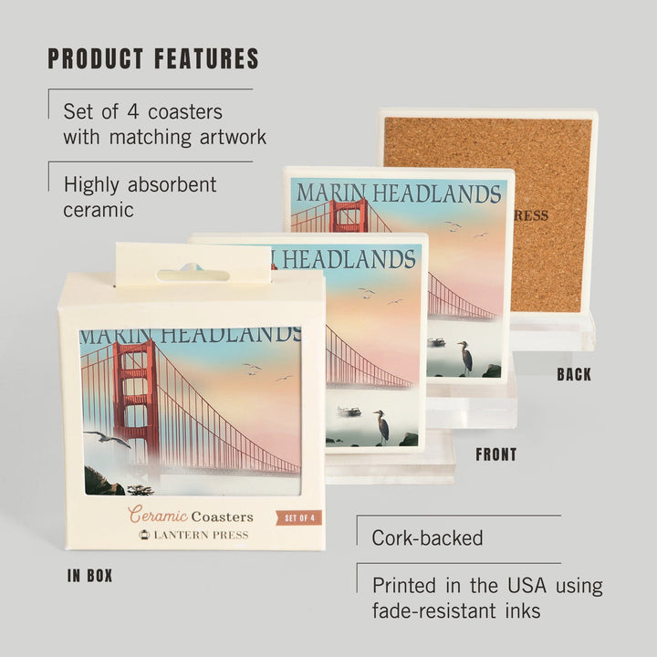 Marin Headlands, California, Golden Gate Bridge in Fog, Lantern Press Artwork, Coaster Set - Lantern Press