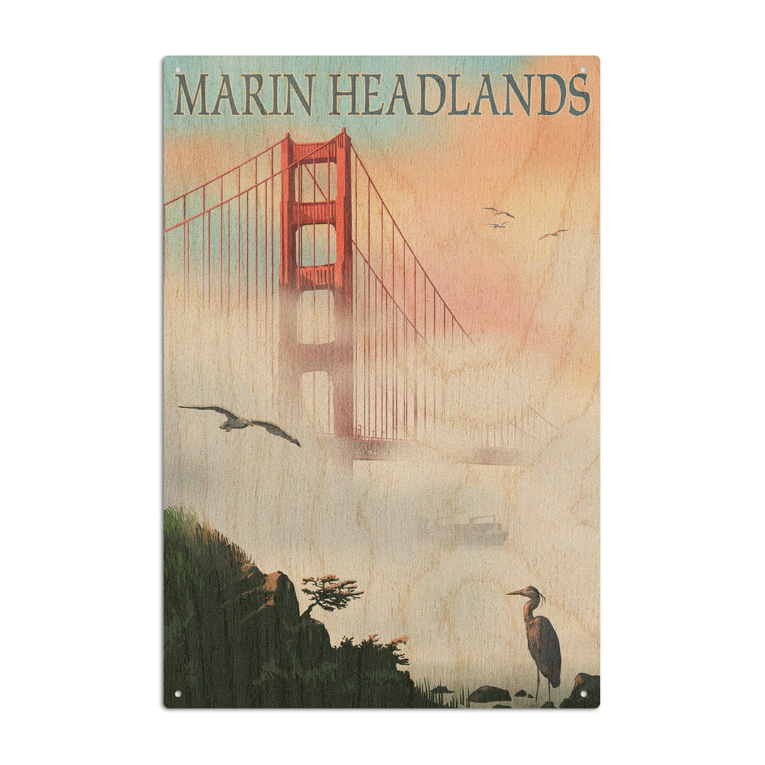 Marin Headlands, California, Golden Gate Bridge in Fog, Lantern Press Artwork, Wood Signs and Postcards Wood Lantern Press 10 x 15 Wood Sign 
