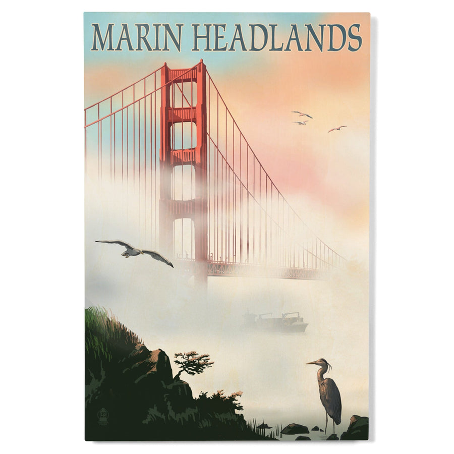 Marin Headlands, California, Golden Gate Bridge in Fog, Lantern Press Artwork, Wood Signs and Postcards Wood Lantern Press 