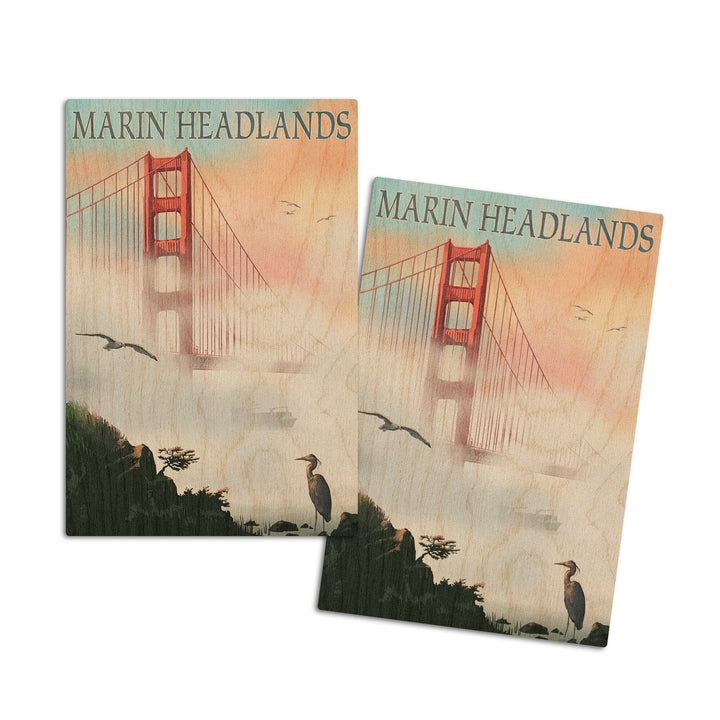 Marin Headlands, California, Golden Gate Bridge in Fog, Lantern Press Artwork, Wood Signs and Postcards Wood Lantern Press 4x6 Wood Postcard Set 