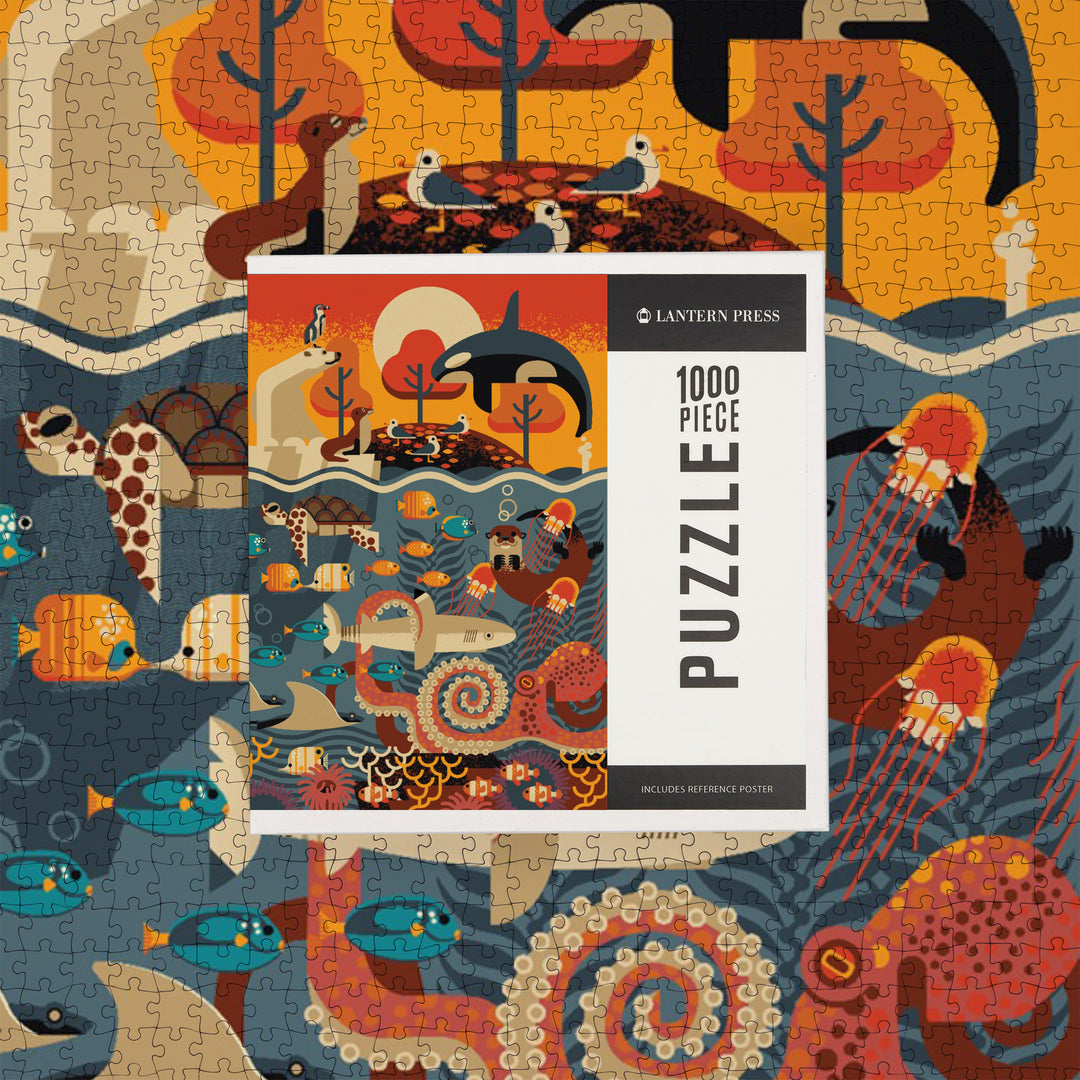Marine Animals, Textured Geometric, Jigsaw Puzzle Puzzle Lantern Press 