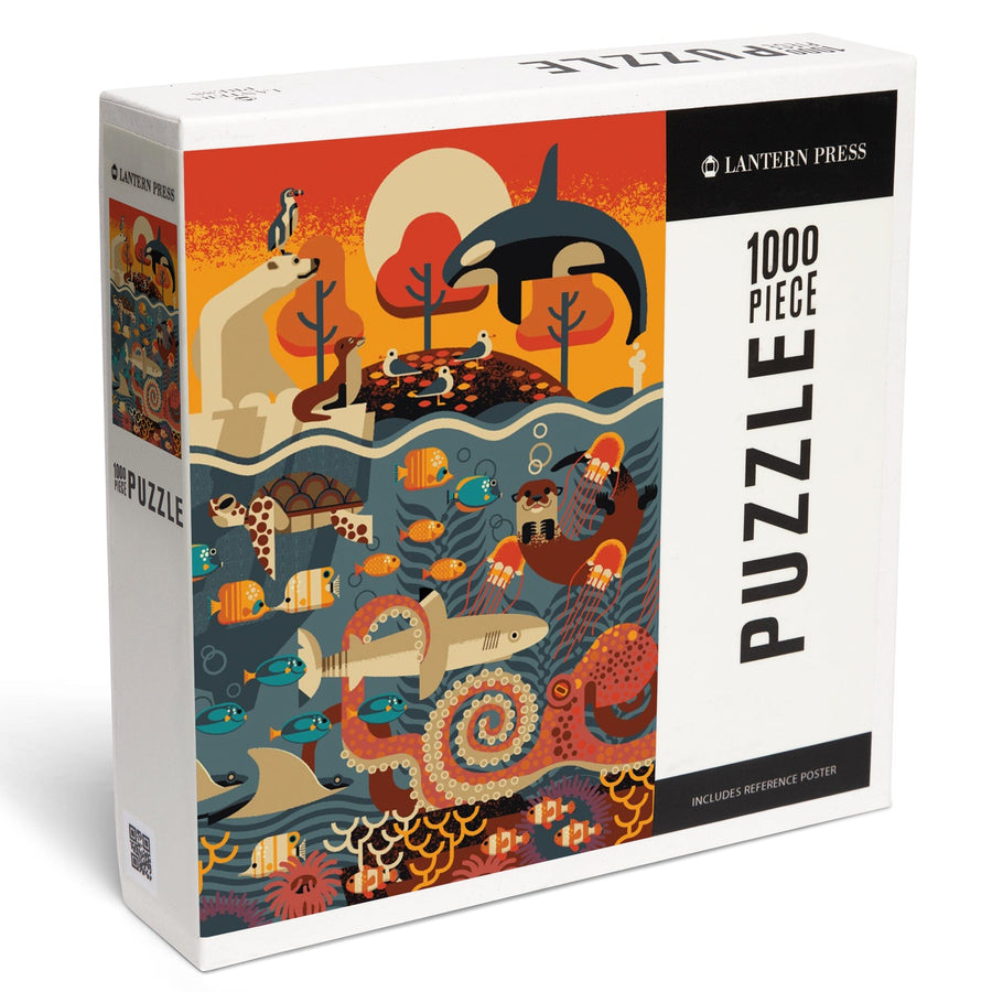 Marine Animals, Textured Geometric, Jigsaw Puzzle Puzzle Lantern Press 