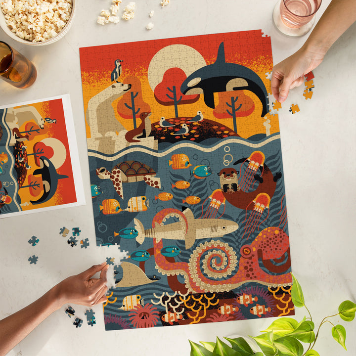Marine Animals, Textured Geometric, Jigsaw Puzzle Puzzle Lantern Press 
