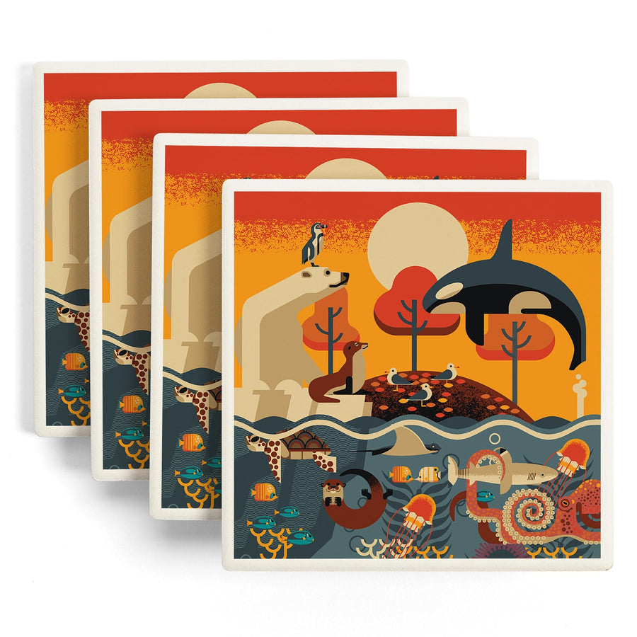 Marine Animals, Textured Geometric, Lantern Press Artwork, Coaster Set - Lantern Press