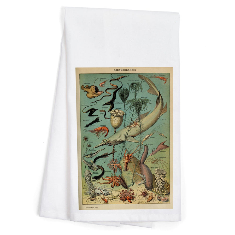 Marine Life, D, Vintage Bookplate, Adolphe Millot Artwork, Organic Cotton Kitchen Tea Towels Kitchen Lantern Press 