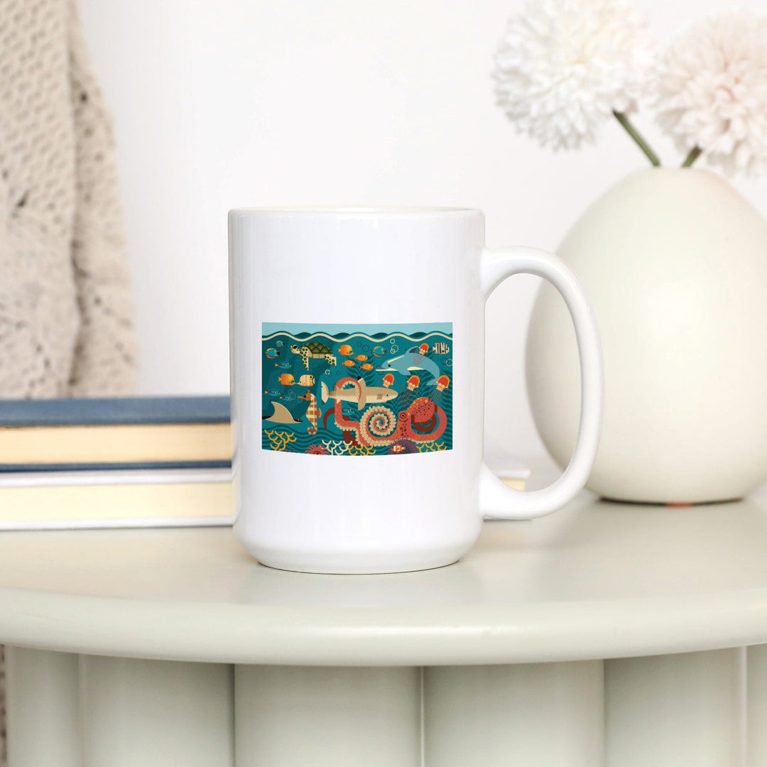 Marine Life, Geometric, Ceramic Mug Mugs Lantern Press 