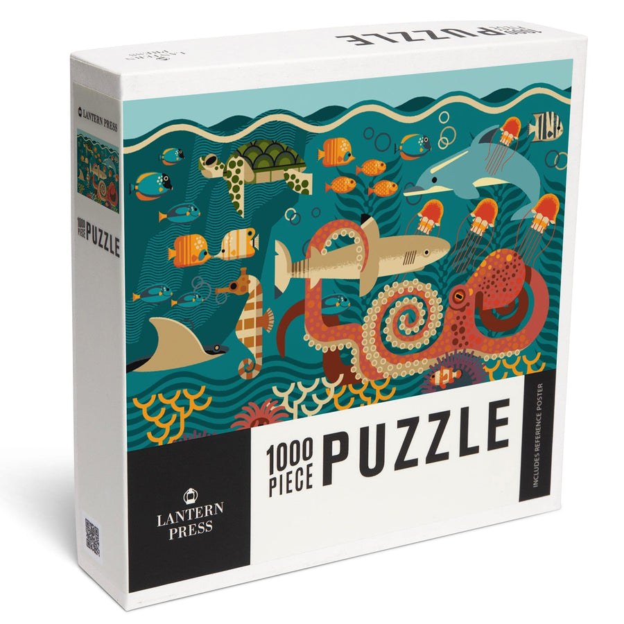 Marine Life, Geometric, Jigsaw Puzzle Puzzle Lantern Press 