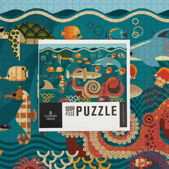 Marine Life, Geometric, Jigsaw Puzzle Puzzle Lantern Press 