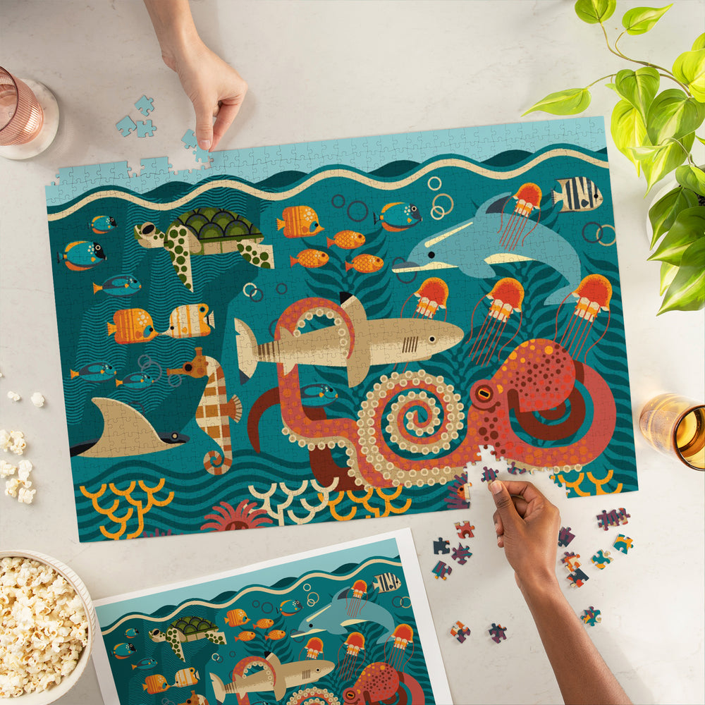 Marine Life, Geometric, Jigsaw Puzzle Puzzle Lantern Press 