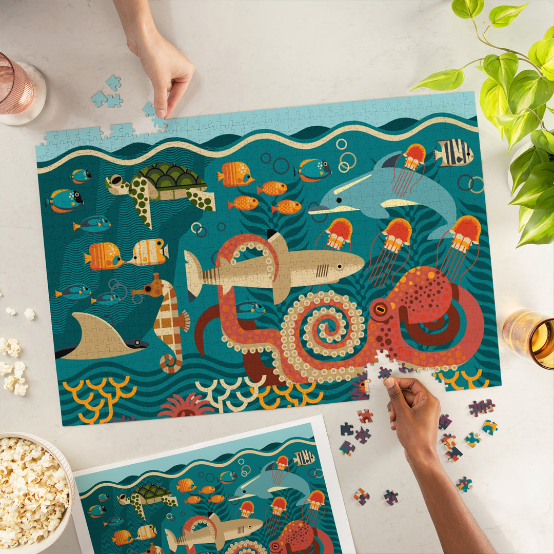 Marine Life, Geometric, Jigsaw Puzzle Puzzle Lantern Press 