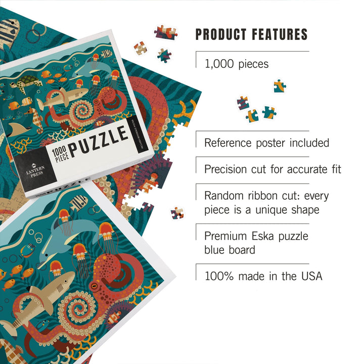 Marine Life, Geometric, Jigsaw Puzzle Puzzle Lantern Press 