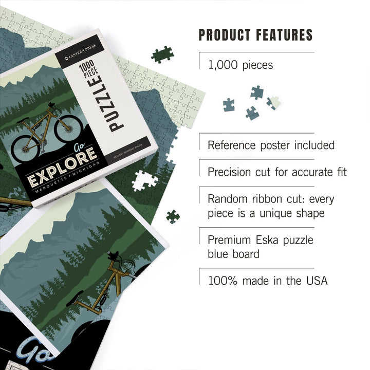 Marquette, Michigan, Go Explore, Bike, Jigsaw Puzzle Puzzle Lantern Press 