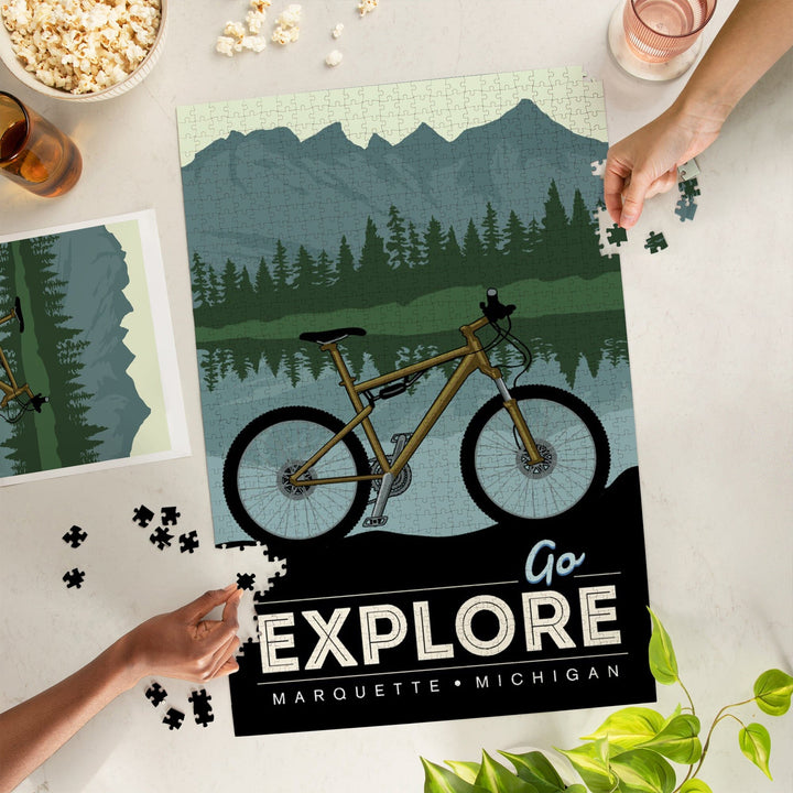 Marquette, Michigan, Go Explore, Bike, Jigsaw Puzzle Puzzle Lantern Press 