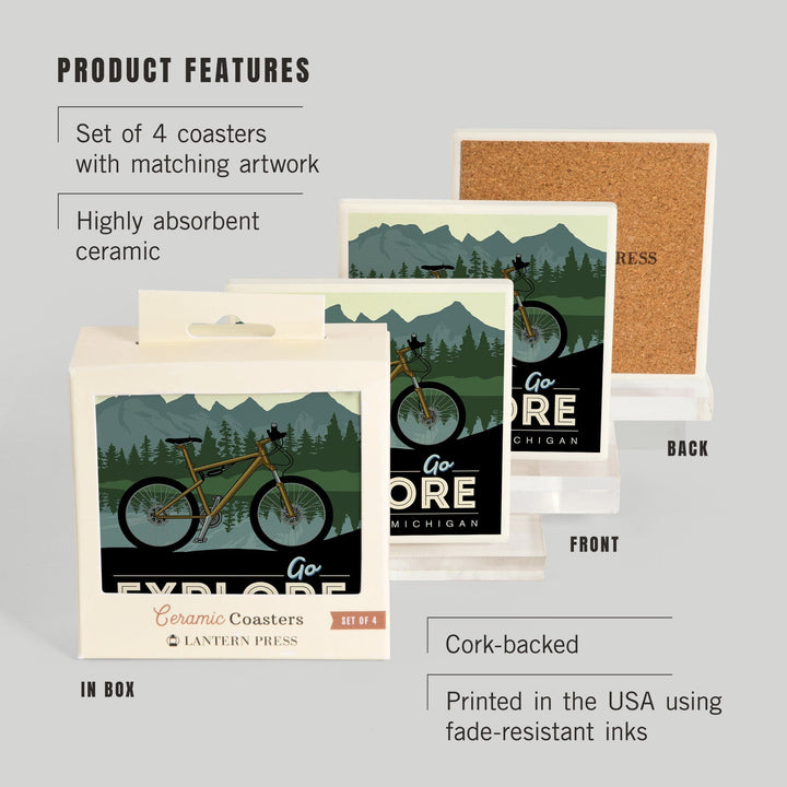 Marquette, Michigan, Go Explore, Bike, Lantern Press Artwork, Coaster Set - Lantern Press