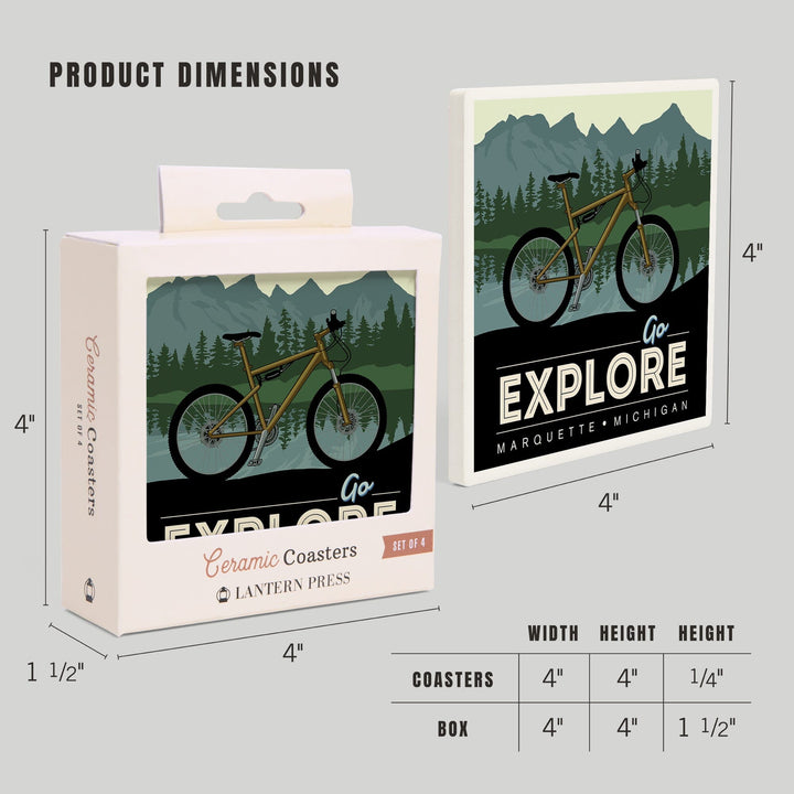 Marquette, Michigan, Go Explore, Bike, Lantern Press Artwork, Coaster Set - Lantern Press