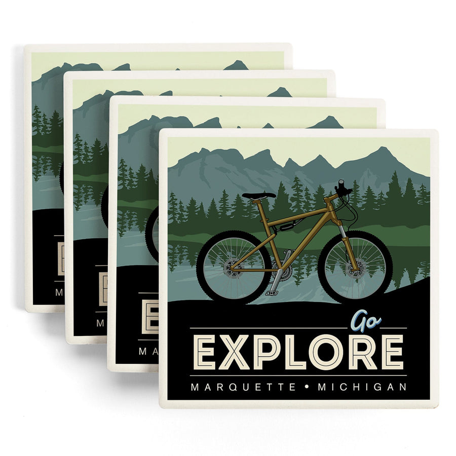 Marquette, Michigan, Go Explore, Bike, Lantern Press Artwork, Coaster Set - Lantern Press