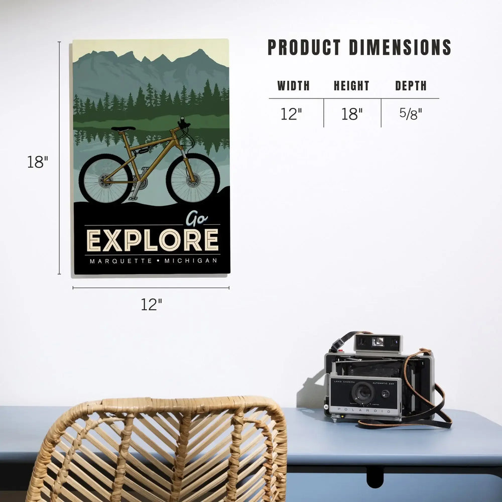 Marquette, Michigan, Go Explore, Bike, Lantern Press Artwork, Wood Signs and Postcards - Lantern Press