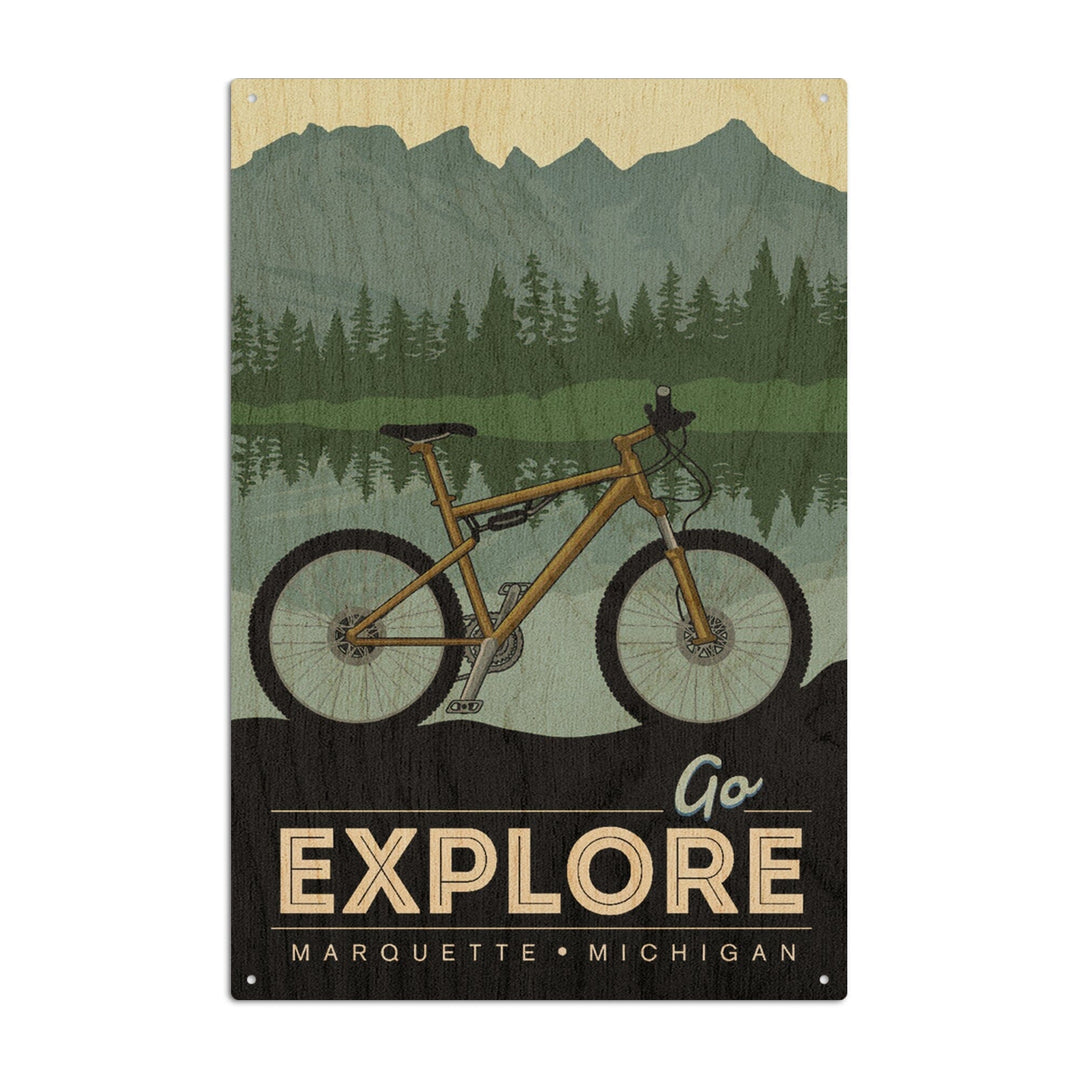 Marquette, Michigan, Go Explore, Bike, Lantern Press Artwork, Wood Signs and Postcards Wood Lantern Press 6x9 Wood Sign 