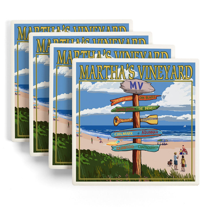 Martha's Vineyard, Massachusetts, Destinations Sign, Lantern Press Artwork, Coaster Set - Lantern Press