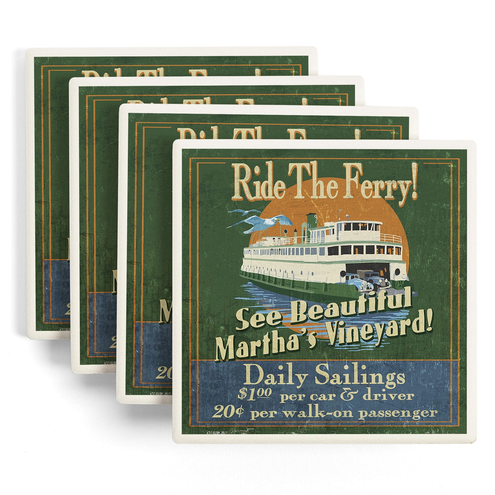 Martha's Vineyard, Massachusetts, Ferry Ride Vintage Sign, Coasters Coasters Lantern Press 