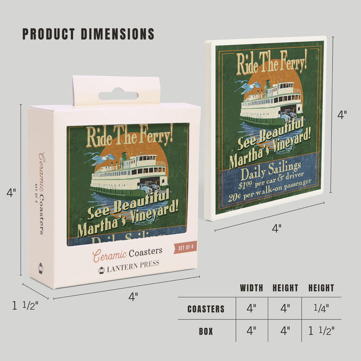 Martha's Vineyard, Massachusetts, Ferry Ride Vintage Sign, Coasters Coasters Lantern Press 