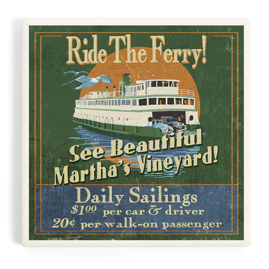 Martha's Vineyard, Massachusetts, Ferry Ride Vintage Sign, Coasters Coasters Lantern Press 