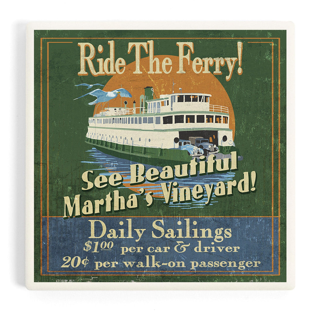 Martha's Vineyard, Massachusetts, Ferry Ride Vintage Sign, Coasters Coasters Lantern Press Coaster 