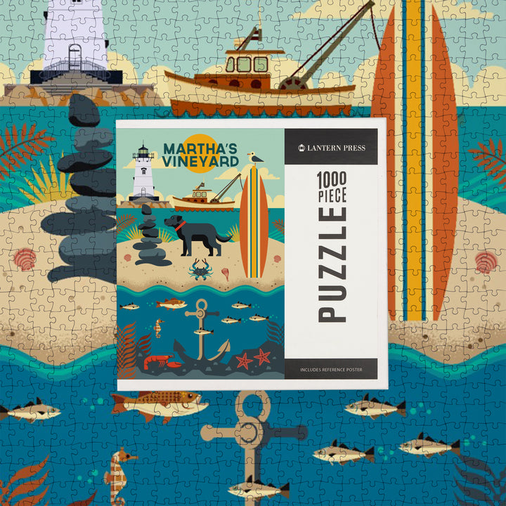 Martha's Vineyard, Massachusetts, Geometric, Beach, Edgartown Lighthouse, Jigsaw Puzzle Puzzle Lantern Press 