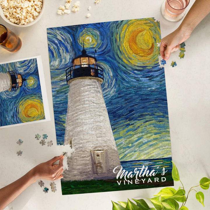 Martha's Vineyard, Massachusetts, Lighthouse, Starry Night, Jigsaw Puzzle Puzzle Lantern Press 