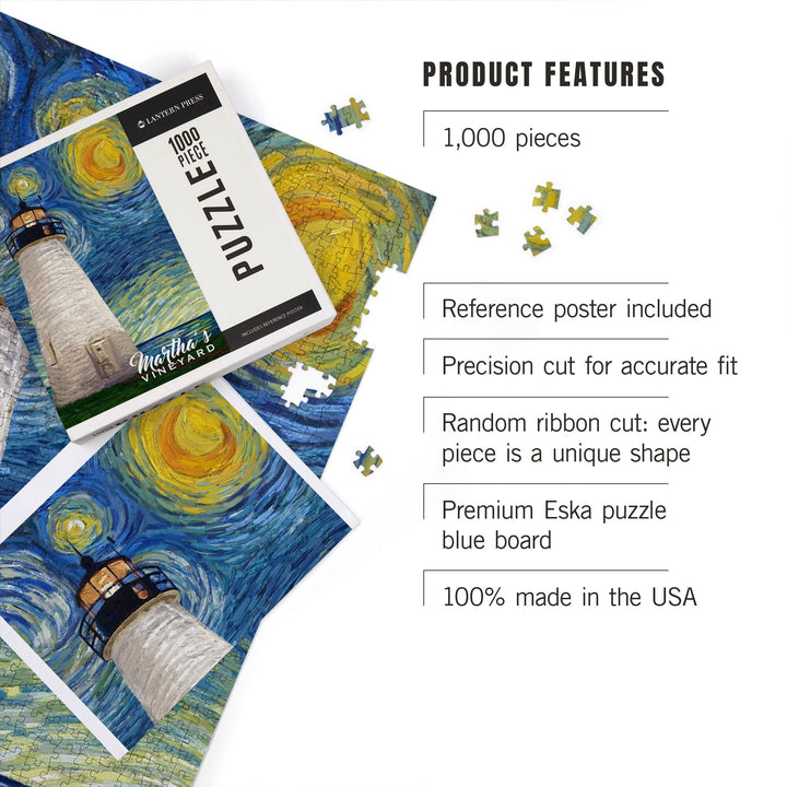 Martha's Vineyard, Massachusetts, Lighthouse, Starry Night, Jigsaw Puzzle Puzzle Lantern Press 