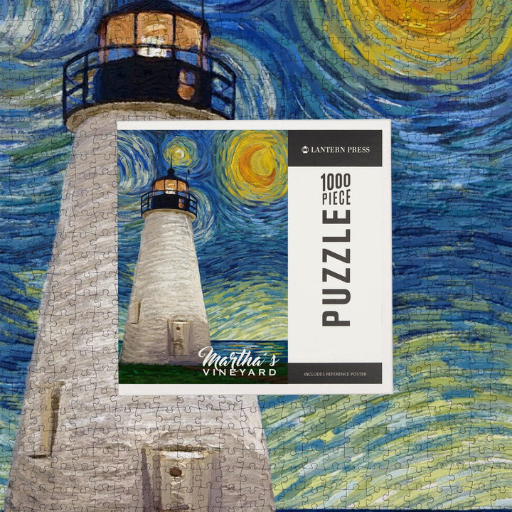 Martha's Vineyard, Massachusetts, Lighthouse, Starry Night, Jigsaw Puzzle Puzzle Lantern Press 