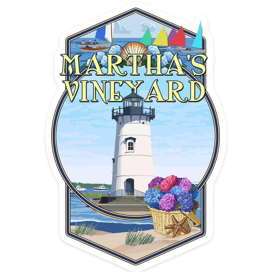 Martha's Vineyard, Massachusetts, Montage Scenes, Contour, Vinyl Sticker Sticker Lantern Press 